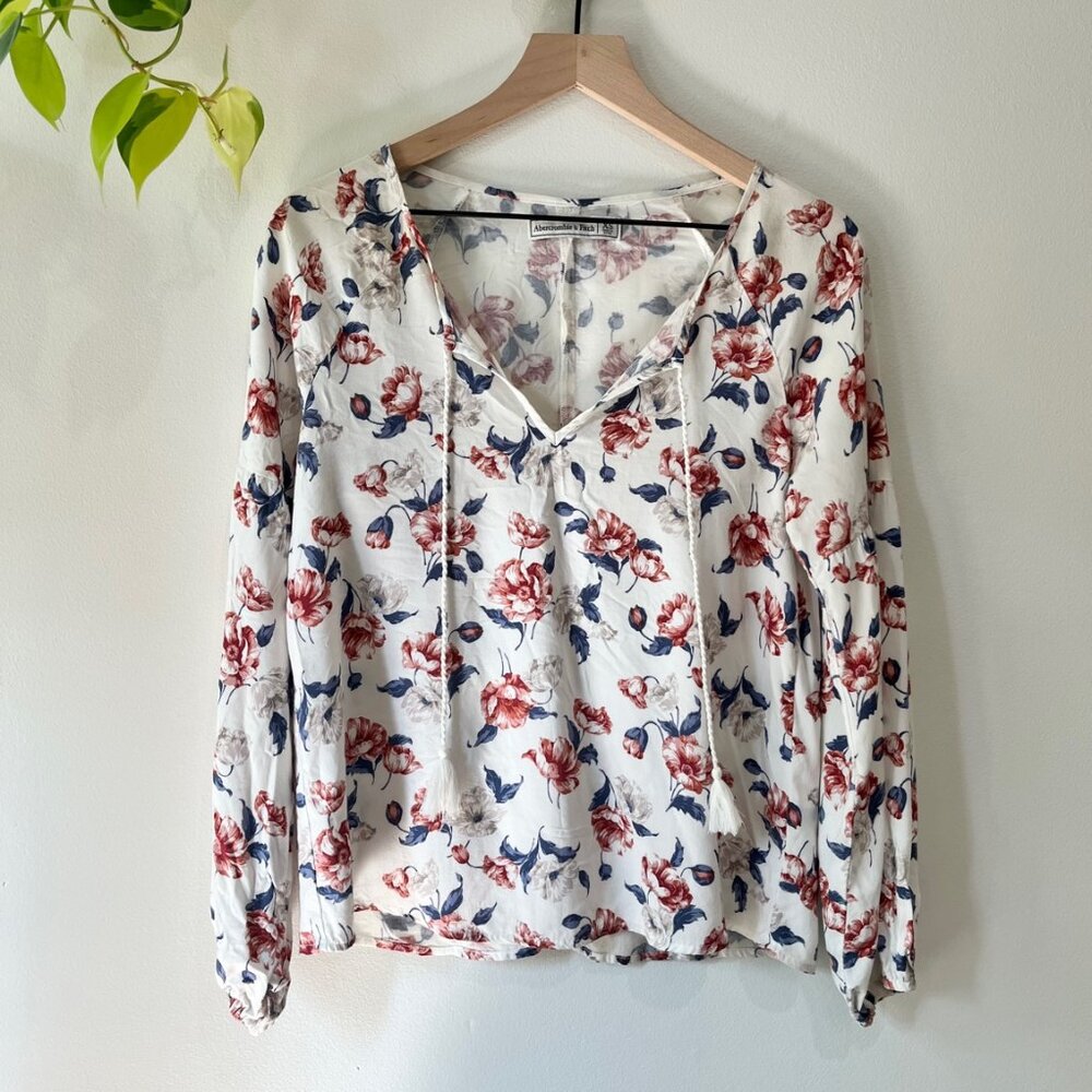 Abercrombie & Fitch Floral‎ Peasant Blouse XS V-Neck Long Sleeve Boho Split Back